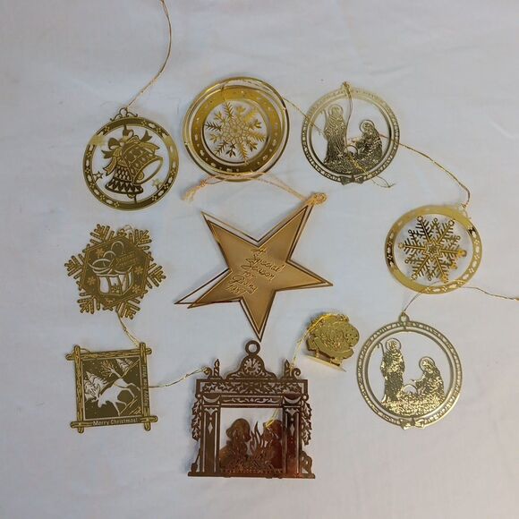 Other - 10 Gold Tone Christmas Tree Ornament Lot Die Cut Brass Vintage
